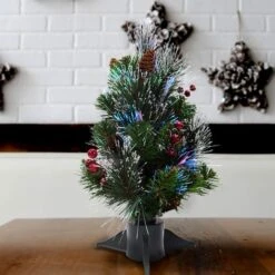 18" Fiber Optic Color Changing Ice Crestwood Artificial Christmas Tree With Silver Bristle, Pineones, Red Berries & Glitter -Michaels Shop D206311S 12