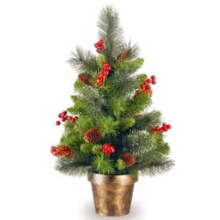 2ft. Unlit Silver Bristle, Pinecones, Red Berries & Glitter Crestwood Spruce Artificial Christmas Tree In Bronze Pot