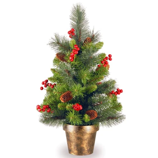 2ft. Unlit Silver Bristle, Pinecones, Red Berries & Glitter Crestwood Spruce Artificial Christmas Tree In Bronze Pot 3 2ft. Unlit Silver Bristle, Pinecones, Red Berries & Glitter Crestwood Spruce Artificial Christmas Tree In Bronze Pot