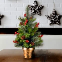 2ft. Unlit Silver Bristle, Pinecones, Red Berries & Glitter Crestwood Spruce Artificial Christmas Tree In Bronze Pot 9 2ft. Unlit Silver Bristle, Pinecones, Red Berries & Glitter Crestwood Spruce Artificial Christmas Tree In Bronze Pot -Michaels Shop D206319S 2