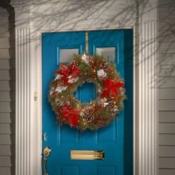 30" Pre-Lit Decorative Collection Cones, Red Berries & Poinsettias Tartan Plaid Wreath With Warm White LED Lights -Michaels Shop D206580S 2