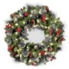24" Crestwood® Spruce Wreath With Silver Bristle, Pine Cones, Red Berries & Glitter With Warm White LED Lights