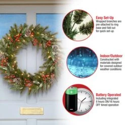 24" Frosted Pine Berry Collection Wreaths With Pine Cones, Red Berries, Silver Glittered Eucalyptus Leaves & Warm White LED Lights -Michaels Shop D206665S 15