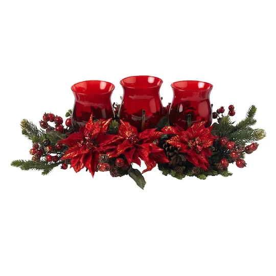 Poinsettia & Berry Triple Candelabrum Artificial Arrangement 3 Poinsettia & Berry Triple Candelabrum Artificial Arrangement