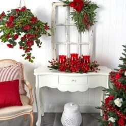 Poinsettia & Berry Triple Candelabrum Artificial Arrangement 12 Poinsettia & Berry Triple Candelabrum Artificial Arrangement -Michaels Shop D251236S 14