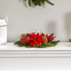 14" Poinsettia, Berry & Golden Pinecone Candelabrum Artificial Arrangement -Michaels Shop D251238S 13