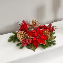 14" Poinsettia, Berry & Golden Pinecone Candelabrum Artificial Arrangement -Michaels Shop D251238S 14