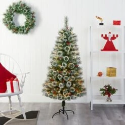 5ft. Pre-Lit Frosted Swiss Pine Artificial Christmas Tree With Berries, Clear LED Lights -Michaels Shop D251291S 5