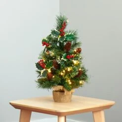 18" Pre-Lit Mixed Pine Artificial Christmas Tree With Holly Berries & Pinecones, Clear LED Lights -Michaels Shop D251296S 5