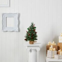 18" Pre-Lit Mixed Pine Artificial Christmas Tree With Holly Berries & Pinecones, Clear LED Lights -Michaels Shop D251296S 6