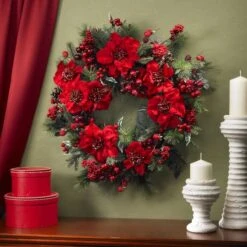 24" Red Poinsettia & Berry Wreath -Michaels Shop D251370S 14