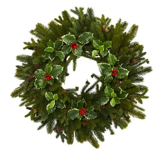 22" Pinecone & Holly Leaf Artificial Wreath 4 22" Pinecone & Holly Leaf Artificial Wreath - Image 2