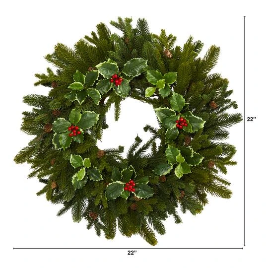22" Pinecone & Holly Leaf Artificial Wreath 6 22" Pinecone & Holly Leaf Artificial Wreath - Image 4