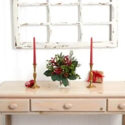 12" Berry, Pine & Boxwood Arrangement With Glass Vase -Michaels Shop D252179S 13