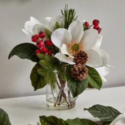 12" Magnolia, Pine & Berry Arrangement In Glass Vase -Michaels Shop D252180S 16