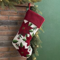 Glitzhome® 21" Poinsettia Hooked Stocking 11 Glitzhome® 21" Poinsettia Hooked Stocking -Michaels Shop D252944S 2