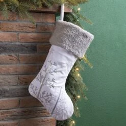 Glitzhome® 21" White Fleece With Christmas Tree & Snowflake Stocking -Michaels Shop D252959S 2