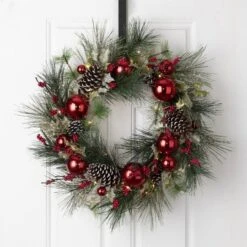 Glitzhome® 24" Pre-Lit Berry, Holly, Pinecone & Red Ornament LED Wreath -Michaels Shop D253608S 2