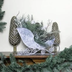 Northlight 9.5" Gray & Green Frosted Pinecone In Foliage Filled Tabletop Sleigh -Michaels Shop D253931S 13