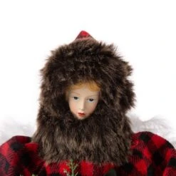Glitzhome® 16" Red Plaid Faux Fur Angel Tree Topper -Michaels Shop D254165S 3