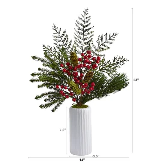 23" Mixed Pine, Pinecone & Berry Arrangement In White Vase 5 23" Mixed Pine, Pinecone & Berry Arrangement In White Vase - Image 3