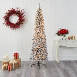 7ft. Pre-Lit Flocked Pencil Artificial Christmas Tree With Clear LED Lights 15 7ft. Pre-Lit Flocked Pencil Artificial Christmas Tree With Clear LED Lights -Michaels Shop D255811S 5
