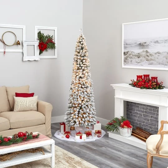 7ft. Pre-Lit Flocked Pencil Artificial Christmas Tree With Clear LED Lights 9 7ft. Pre-Lit Flocked Pencil Artificial Christmas Tree With Clear LED Lights - Image 7