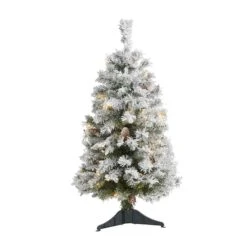 3ft. Pre-Lit Flocked White River Mountain Pine & Pinecones Artificial Christmas Tree With Clear LED Lights