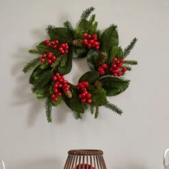 19" Magnolia Leaf, Berry & Pine Artificial Wreath -Michaels Shop D292928S 13