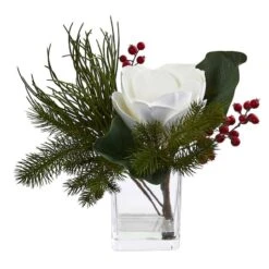 13" Magnolia, Berries & Pine Arrangement In Vase