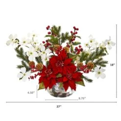 18" Red Poinsettia, Dogwood, Berry & Pine Artificial Arrangement In Silver Vase -Michaels Shop D322258S 2