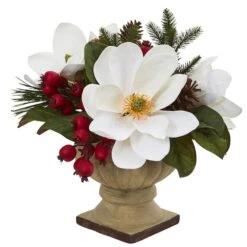15" Magnolia, Pine & Berries Artificial Arrangement