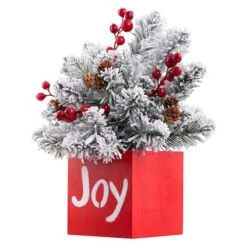 14" LED Joy Frosted Greenery In Red Wood Container -Michaels Shop D349450S 2
