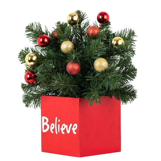 14" LED Believe Classic Greenery In Red Wood Container 5 14" LED Believe Classic Greenery In Red Wood Container - Image 3