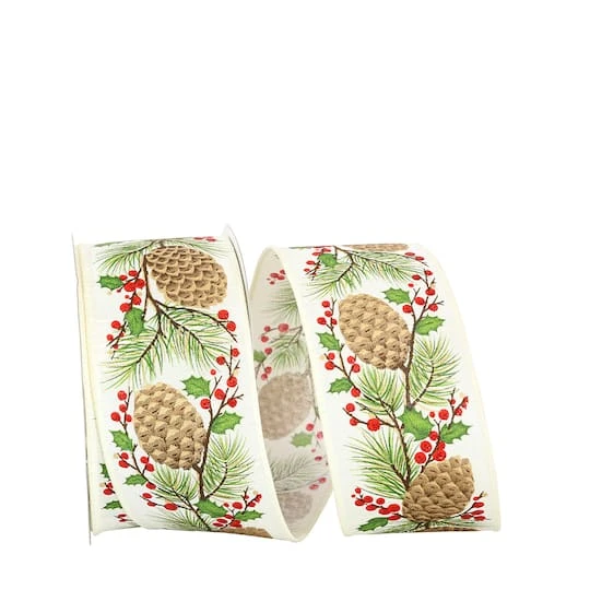 JAM Paper 2.5" X 20yd. Ivory Pinecone Holly Berries Linen Wired Ribbon 4 JAM Paper 2.5" X 20yd. Ivory Pinecone Holly Berries Linen Wired Ribbon - Image 2