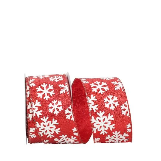 JAM Paper 2.5" X 10yd. Wired White Snowflake Red Glitter Ribbon 4 JAM Paper 2.5" X 10yd. Wired White Snowflake Red Glitter Ribbon - Image 2