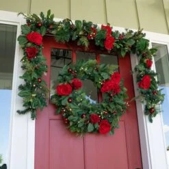 Village Lighting 30" LED Red Peonies & Berry Wreath -Michaels Shop D403198S 5