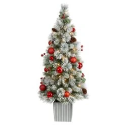 4ft. Pre-Lit Winter Flocked Artificial Christmas Tree In Decorative Planter, White LED Lights