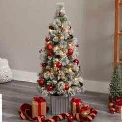 4ft. Pre-Lit Winter Flocked Artificial Christmas Tree In Decorative Planter, White LED Lights -Michaels Shop D478789S 7