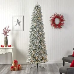 9ft. Pre-Lit Slim Flocked Montreal Fir Artificial Christmas Tree, White LED Lights -Michaels Shop D478861S 7