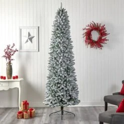9ft. Pre-Lit Slim Flocked Montreal Fir Artificial Christmas Tree, White LED Lights -Michaels Shop D478861S 8
