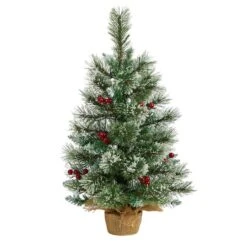 2ft. Pre-Lit Flocked Pine & Berry Artificial Christmas Tree In Burlap Base, Warm White LED Lights -Michaels Shop D478872S 3