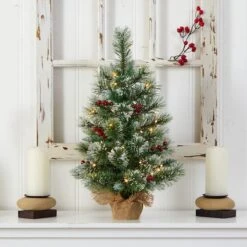2ft. Pre-Lit Flocked Pine & Berry Artificial Christmas Tree In Burlap Base, Warm White LED Lights -Michaels Shop D478872S 4