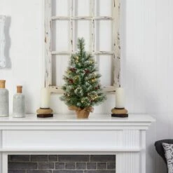 2ft. Pre-Lit Flocked Pine & Berry Artificial Christmas Tree In Burlap Base, Warm White LED Lights -Michaels Shop D478872S 6