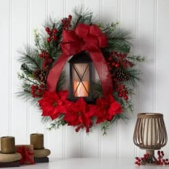 28" Poinsettia & Berry Holiday Lantern Christmas Wreath With LED Candle -Michaels Shop D478985S 3