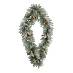 3ft. White LED Lights Geometric Diamond Christmas Frosted Wreath With Pinecones