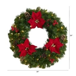 24" White LED Lights Poinsettia, Berry & Pinecone Artificial Wreath -Michaels Shop D479004S 2