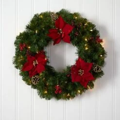 24" White LED Lights Poinsettia, Berry & Pinecone Artificial Wreath -Michaels Shop D479004S 4