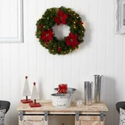 24" White LED Lights Poinsettia, Berry & Pinecone Artificial Wreath -Michaels Shop D479004S 6