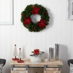 24" White LED Lights Poinsettia, Berry & Pinecone Artificial Wreath -Michaels Shop D479004S 7